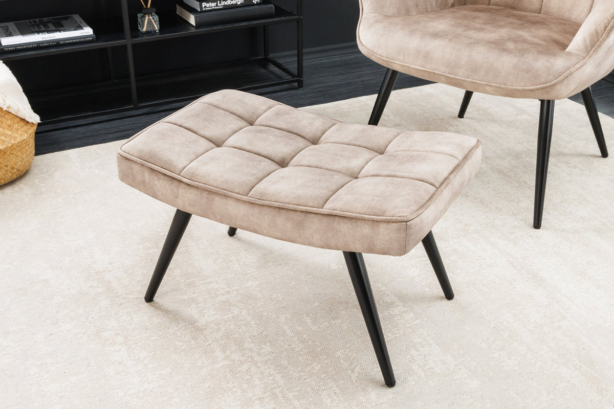 Tabouret moderne SCANDINAVIA beige champagne velours pieds métalliques noirs repose-pieds