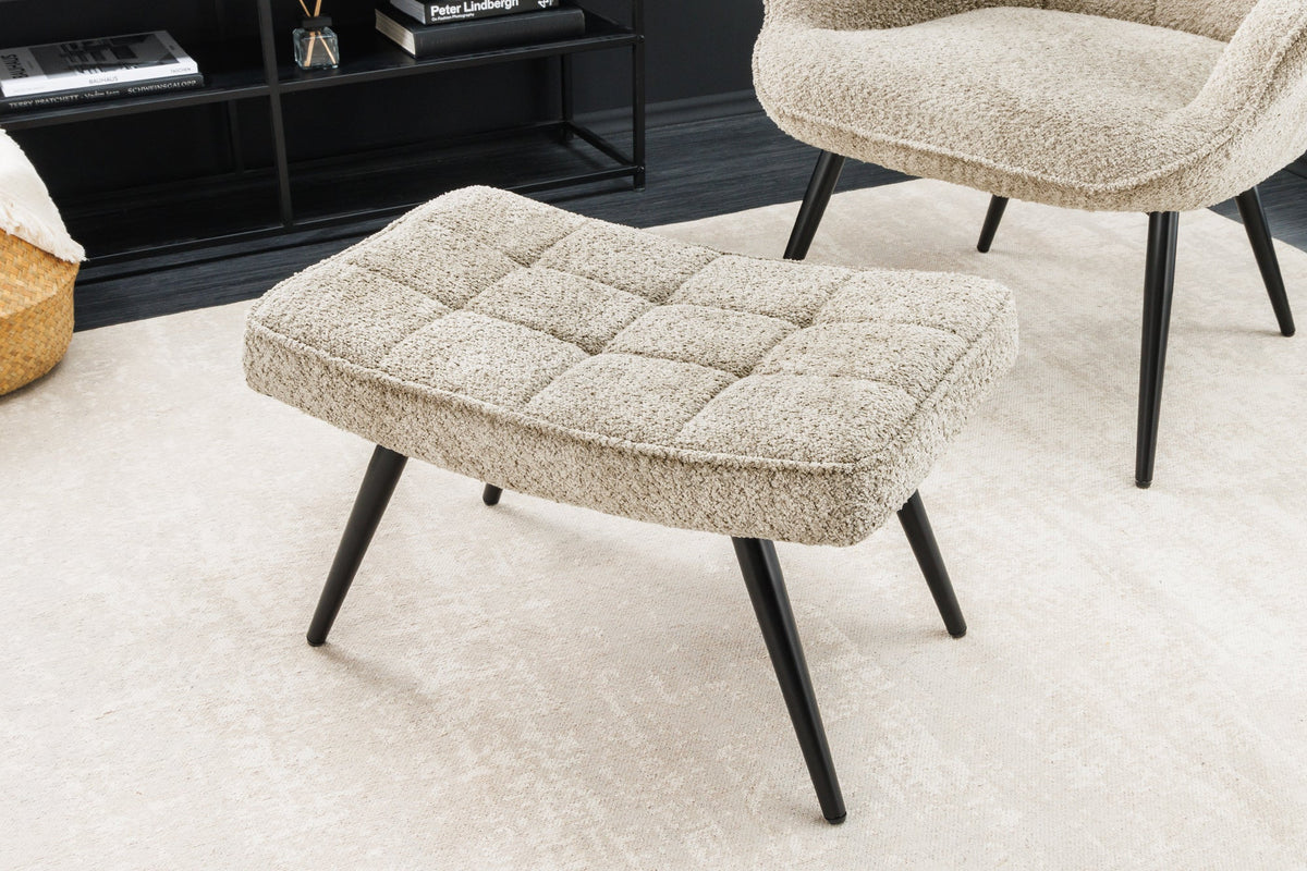 Tabouret moderne SCANDINAVIA champagne greige Bouclé pieds métalliques noirs