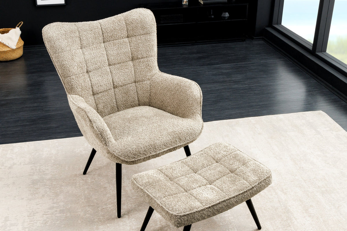 Tabouret moderne SCANDINAVIA champagne greige Bouclé pieds métalliques noirs
