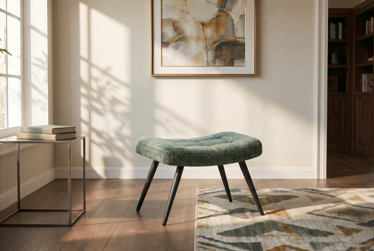 Tabouret moderne SCANDINAVIA chenille verte Cremona pieds en métal repose-pieds