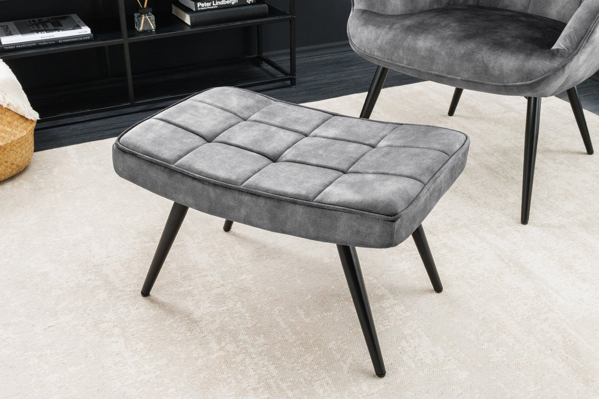 Tabouret moderne SCANDINAVIA gris velours pieds métalliques noirs repose-pieds