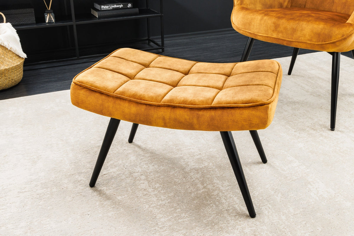 Tabouret moderne SCANDINAVIA jaune moutarde velours pieds métalliques noirs repose-pieds