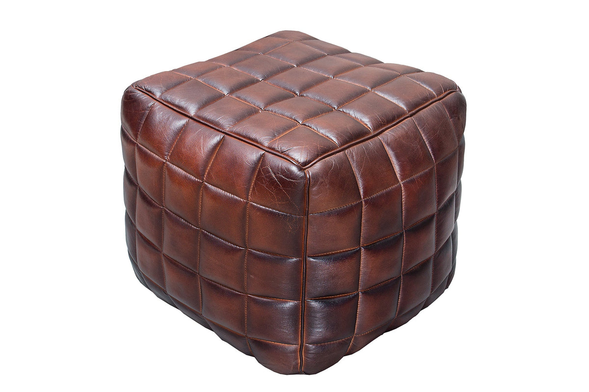 Tabouret rétro RIDER 40cm brun cuir véritable avec surpiqûre décorative