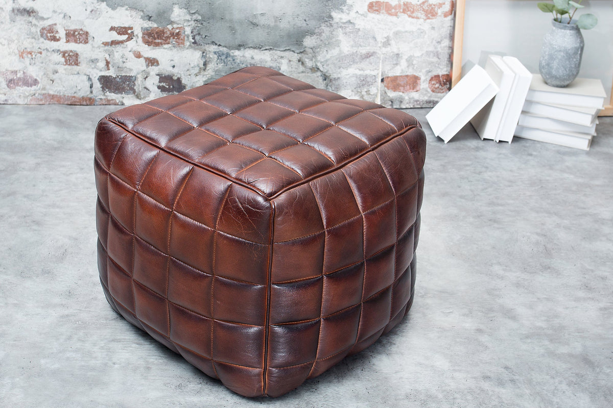 Tabouret rétro RIDER 40cm brun cuir véritable avec surpiqûre décorative