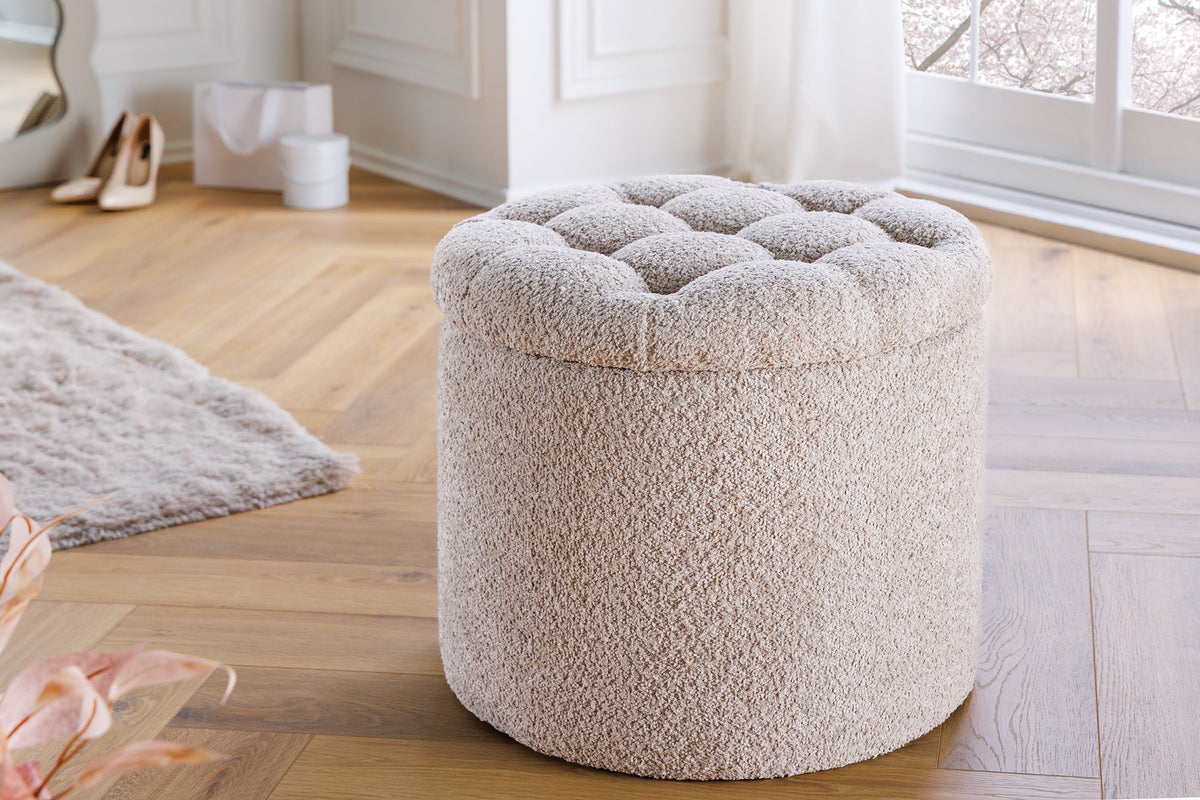 Tabouret rond MODERN BAROCK 50cm champagne Bouclé avec rangement