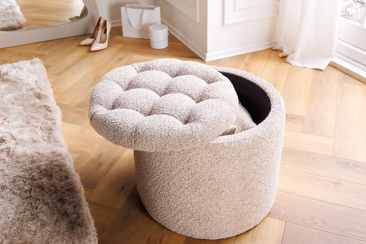 Tabouret rond MODERN BAROCK 50cm champagne Bouclé avec rangement