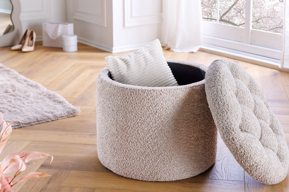 Tabouret rond MODERN BAROCK 50cm champagne Bouclé avec rangement