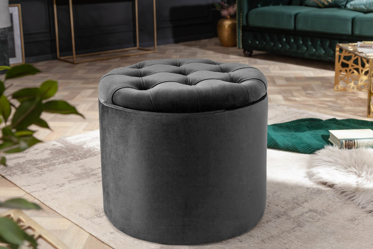Tabouret rond MODERN BAROCK 50cm gris velours avec rangement