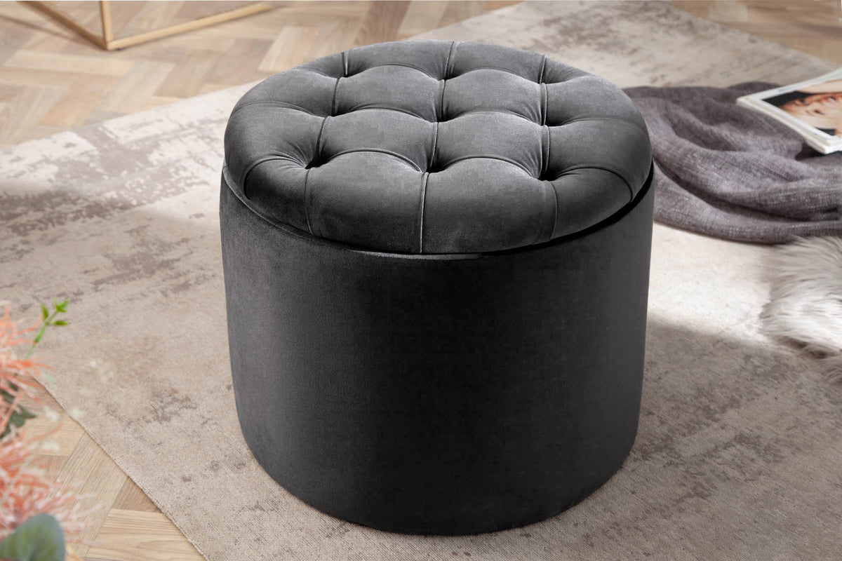 Tabouret rond MODERN BAROCK 50cm gris velours avec rangement