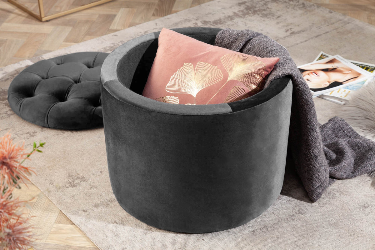 Tabouret rond MODERN BAROCK 50cm gris velours avec rangement