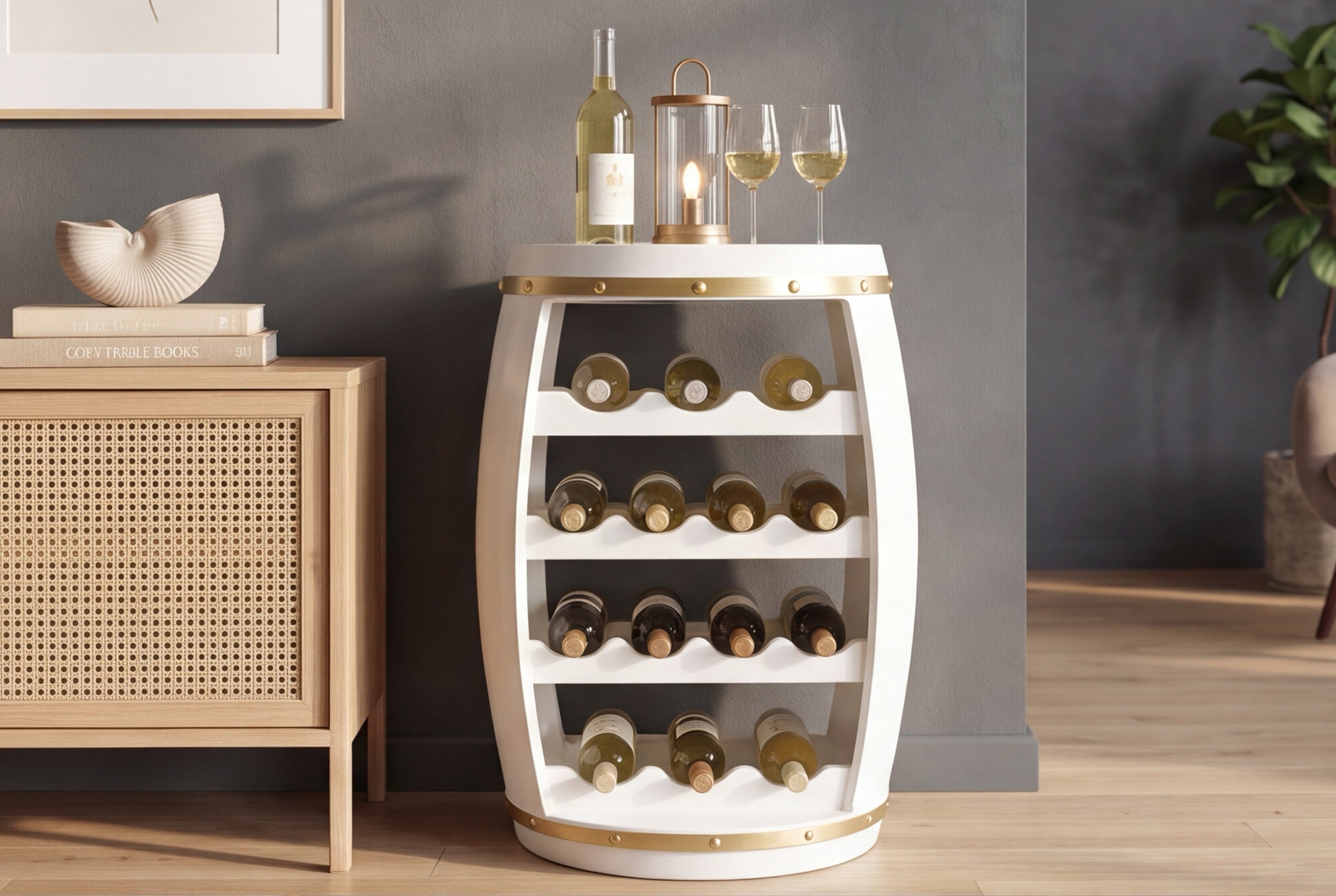 Tonneau à vin design BODEGA WHITE 65cm casier à bouteilles en pin doré blanc 14 bouteilles