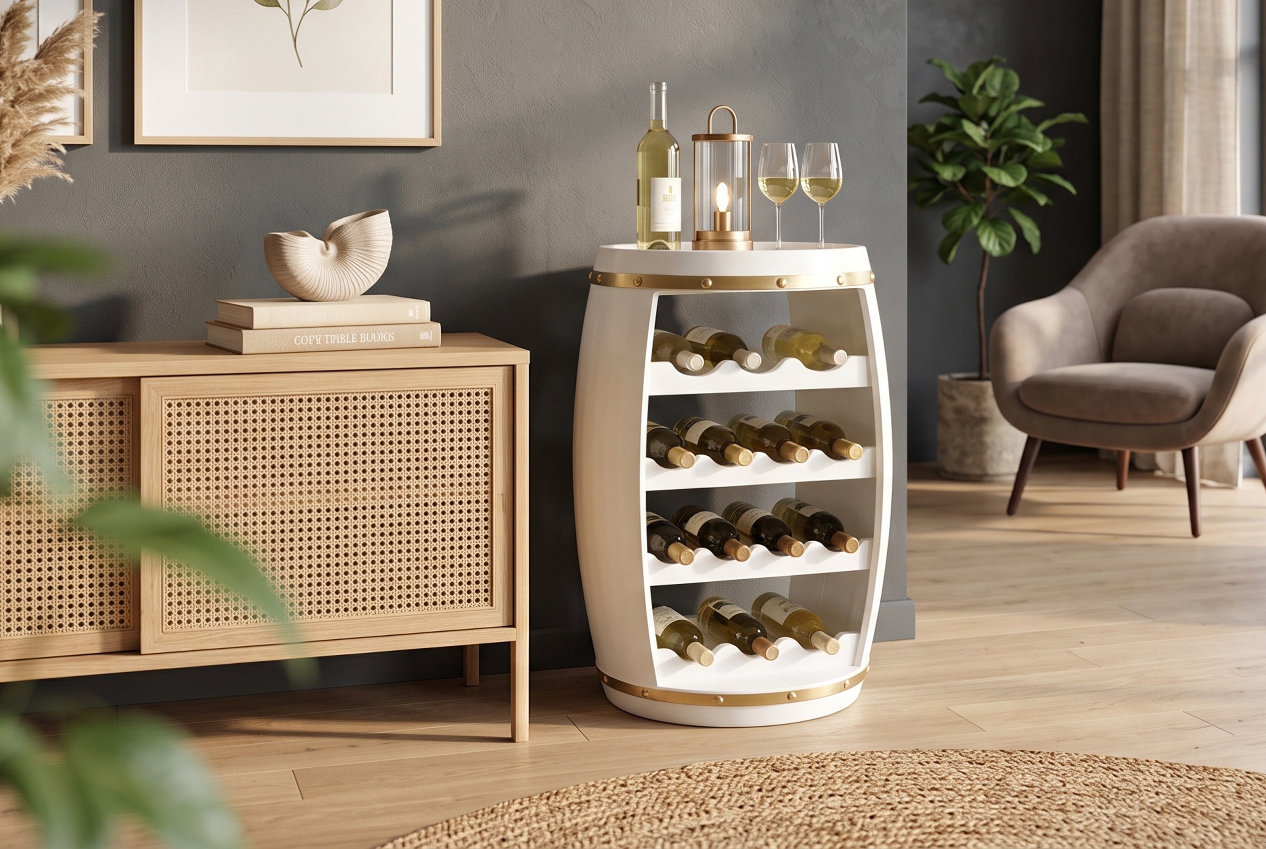 Tonneau à vin design BODEGA WHITE 65cm casier à bouteilles en pin doré blanc 14 bouteilles