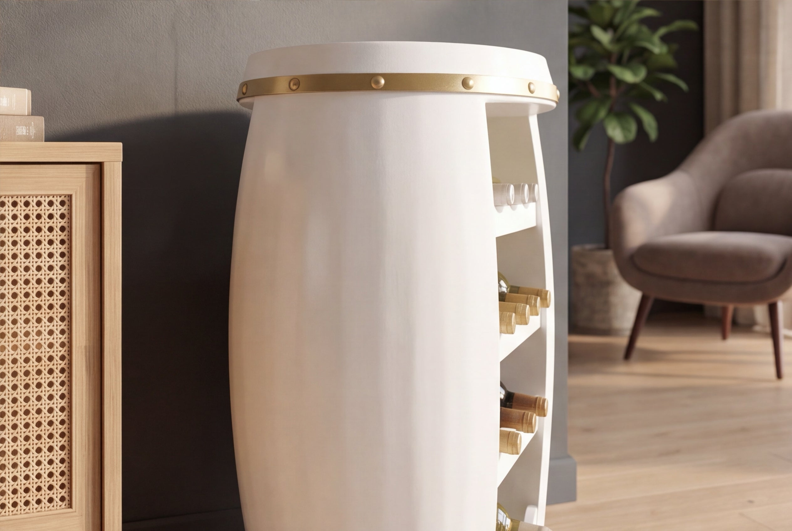 Tonneau à vin design BODEGA WHITE 65cm casier à bouteilles en pin doré blanc 14 bouteilles