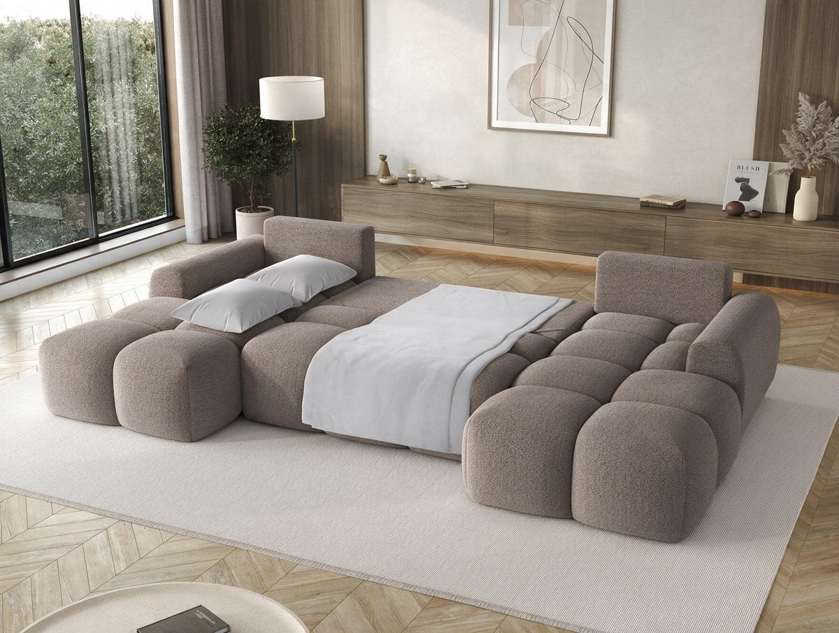 TURENNE — Canapé panoramique bouclette chinée taupe avec grand couchage dépliable