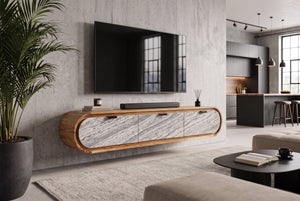 TV-Board ORGANIC 160cm suspendu en acacia naturel noir blanc revêtement pierre tiroirs