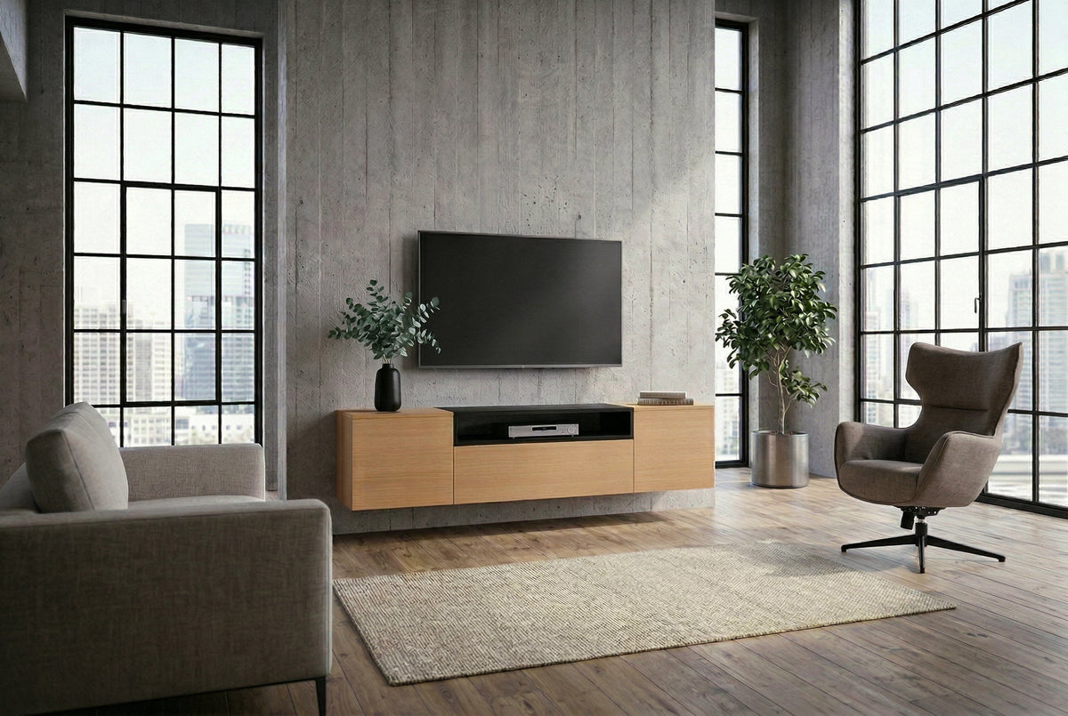 TV-Board suspendu LOFT 160cm naturel noir trois compartiments avec tiroir