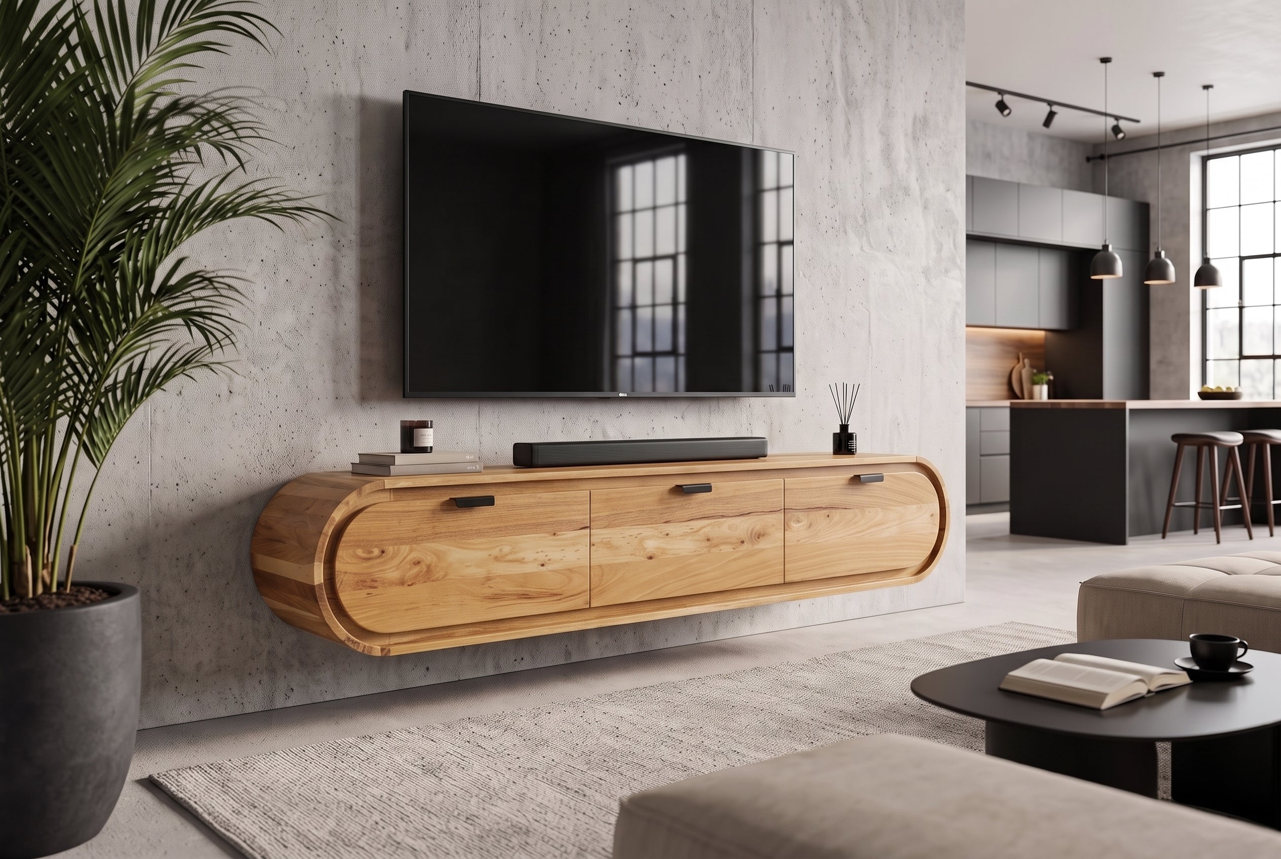 TV-Board suspendu ORGANIC 160cm naturel bois d'acacia massif handmade avec tiroirs