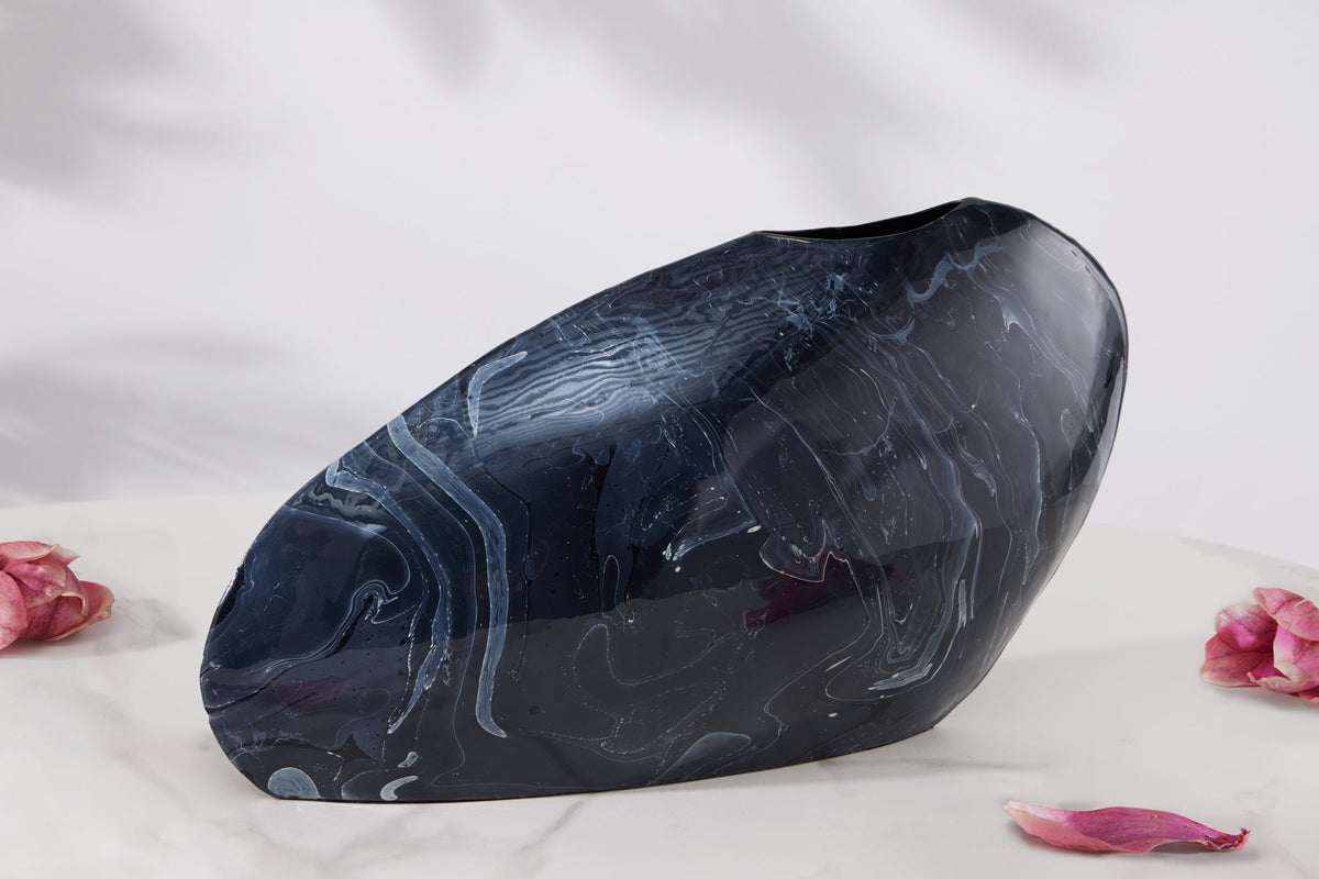 Vase décoratif STONE 40cm noir marbré fait main design rétro