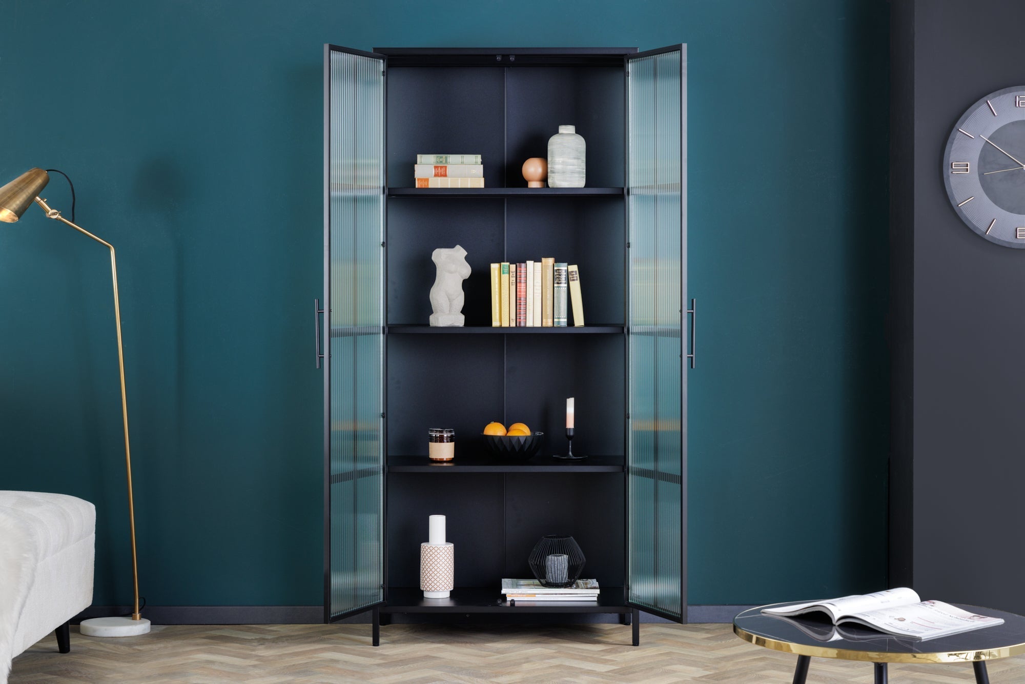 Vitrine industrielle DURA STEEL 180cm buffet en verre nervuré en métal noir