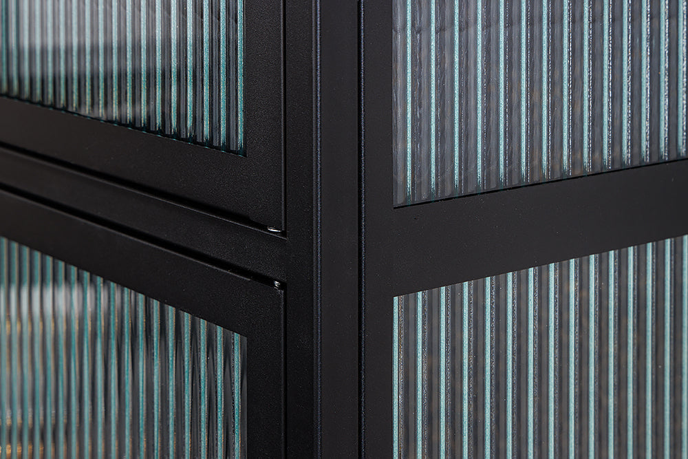 Vitrine moderne AMSTERDAM 180cm meuble haut en verre nervuré noir doré