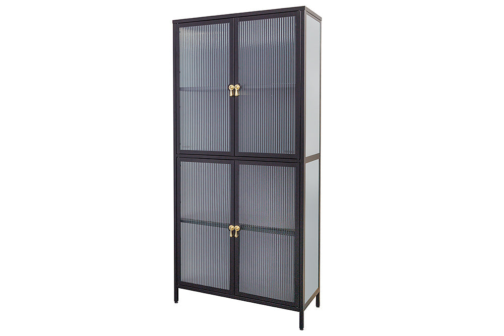 Vitrine moderne AMSTERDAM 180cm meuble haut en verre nervuré noir doré