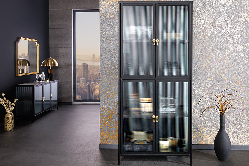 Vitrine moderne AMSTERDAM 180cm meuble haut en verre nervuré noir doré