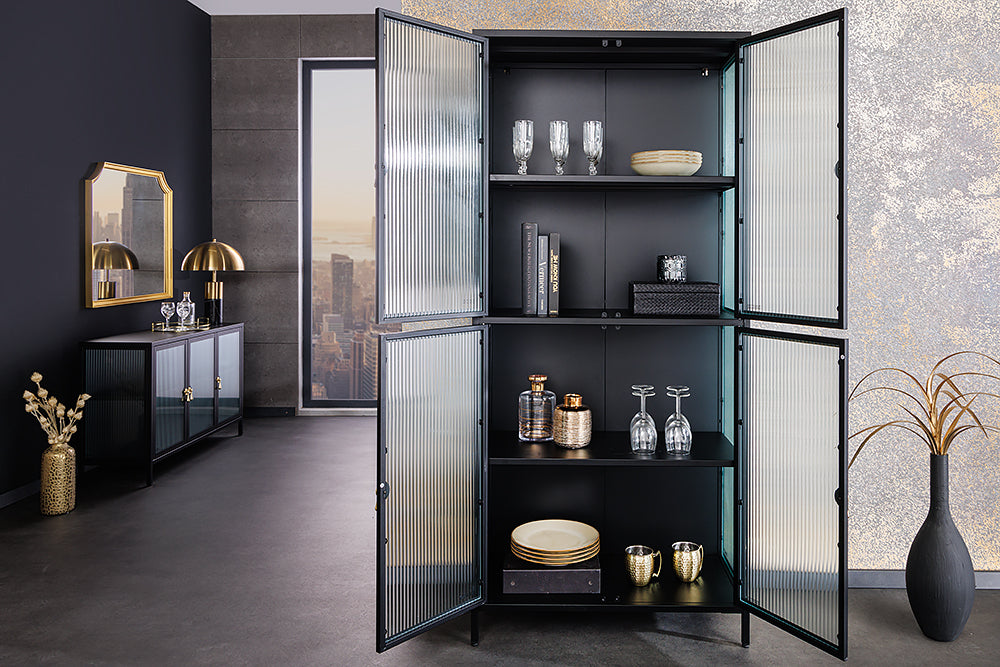 Vitrine moderne AMSTERDAM 180cm meuble haut en verre nervuré noir doré