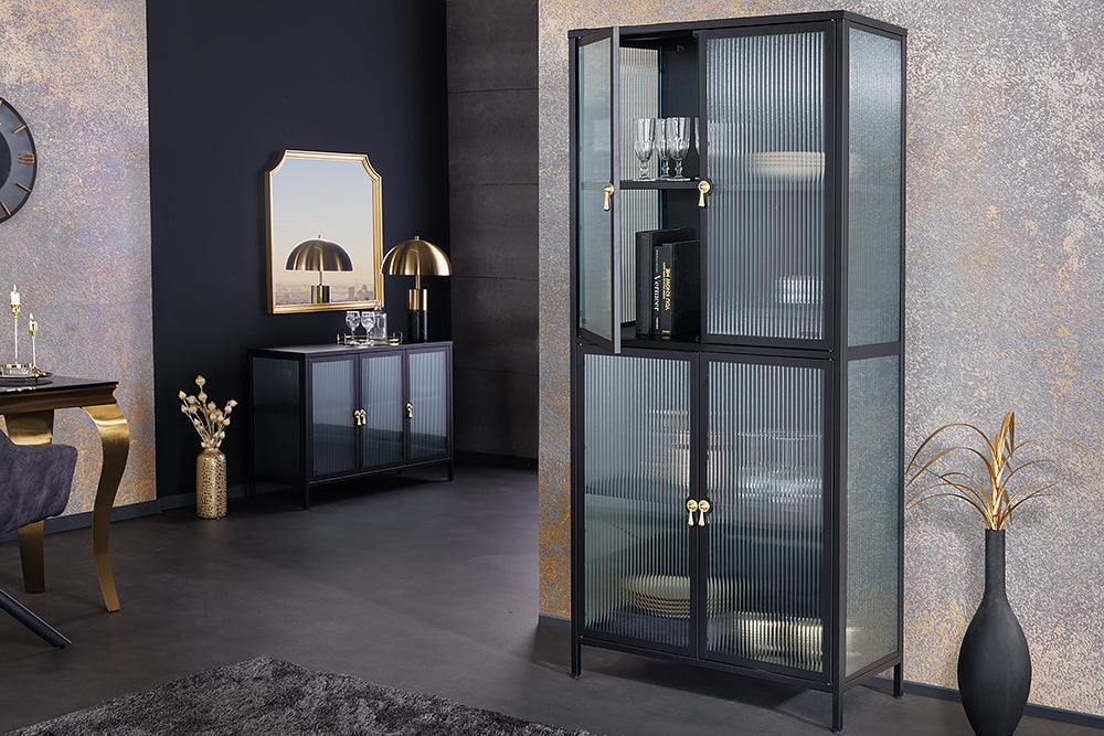 Vitrine moderne AMSTERDAM 180cm meuble haut en verre nervuré noir doré