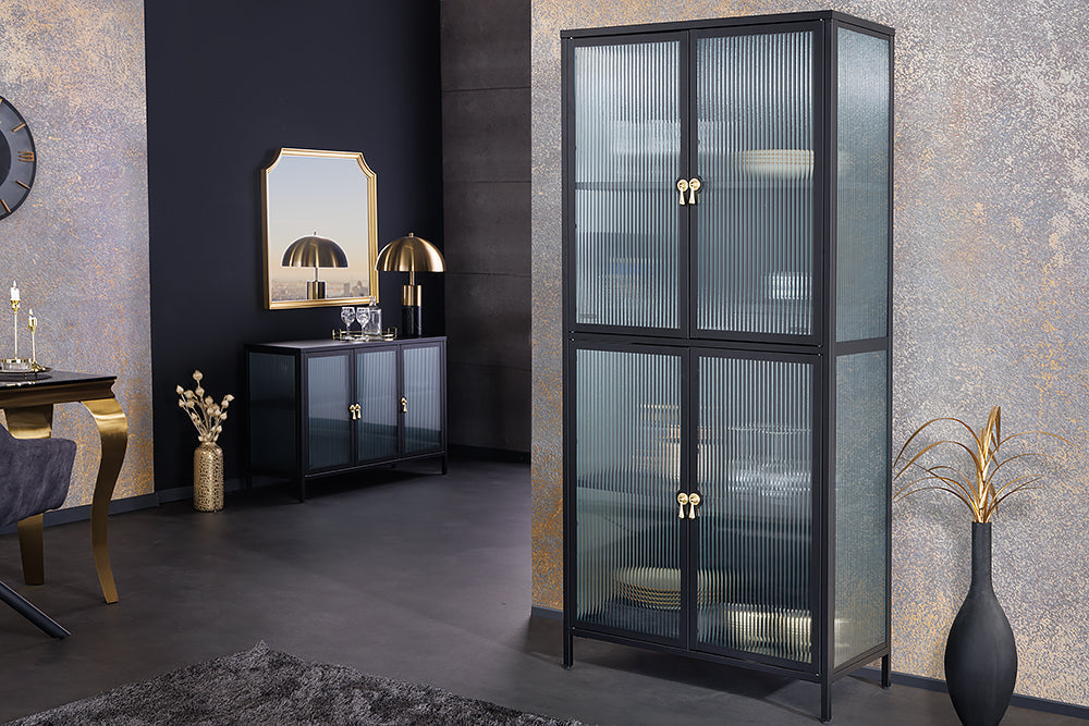 Vitrine moderne AMSTERDAM 180cm meuble haut en verre nervuré noir doré