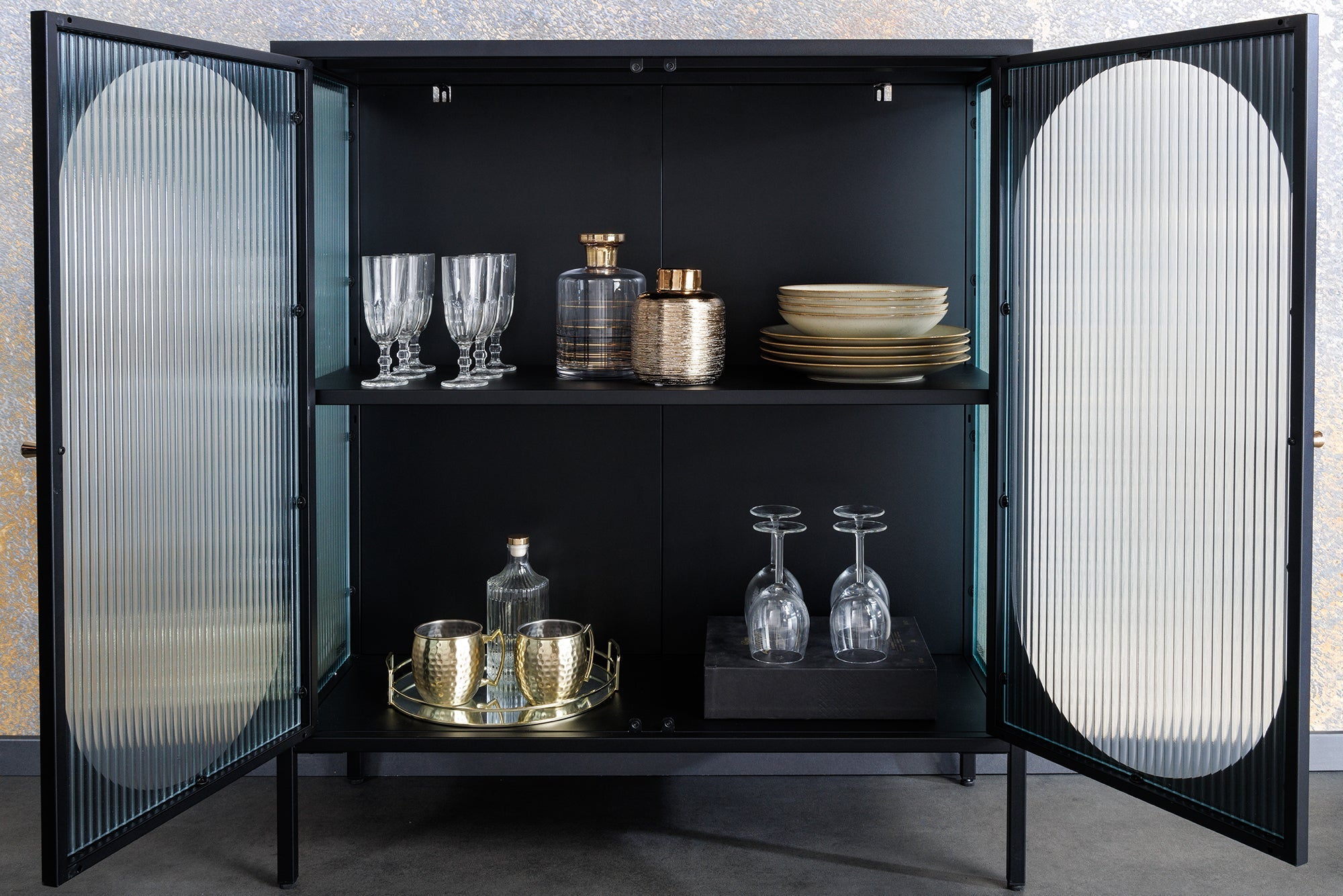 Vitrine moderne PARIS 110cm meuble buffet en verre nervuré noir doré