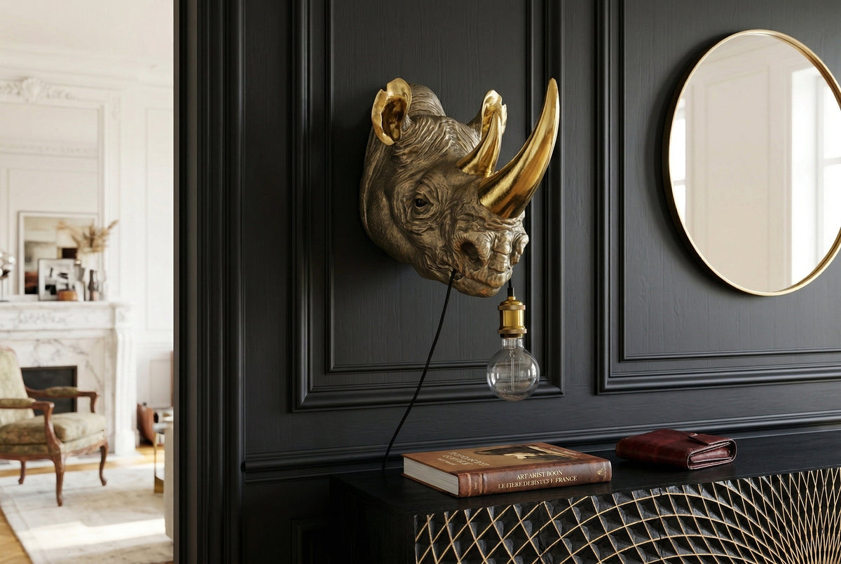 Wall lamp RHINO 40cm handmade gold rhino sculpture