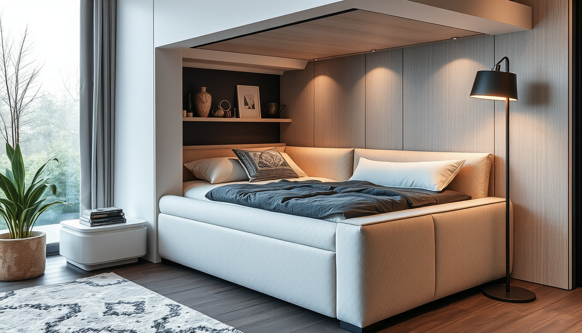 Aménagement compact: literie coffre et canapés convertibles en velours côtelé et tissu boucle pour un intérieur moderne et multifonction