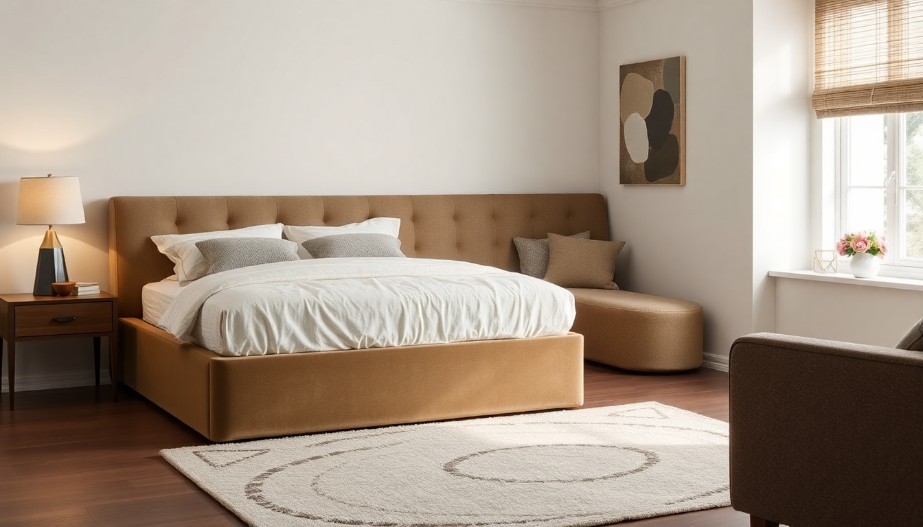 Ambiance hôtel‑boutique dans un petit espace : literie avec coffre et canapé convertible en velours côtelé ou tissu boucle velours