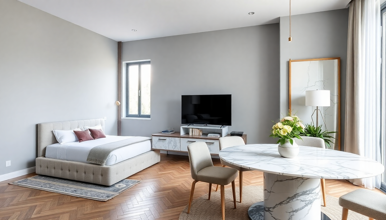 Mobiliario elegante 2025: camas arcón y mesas de comedor redondas de mármol para un interior chic y práctico