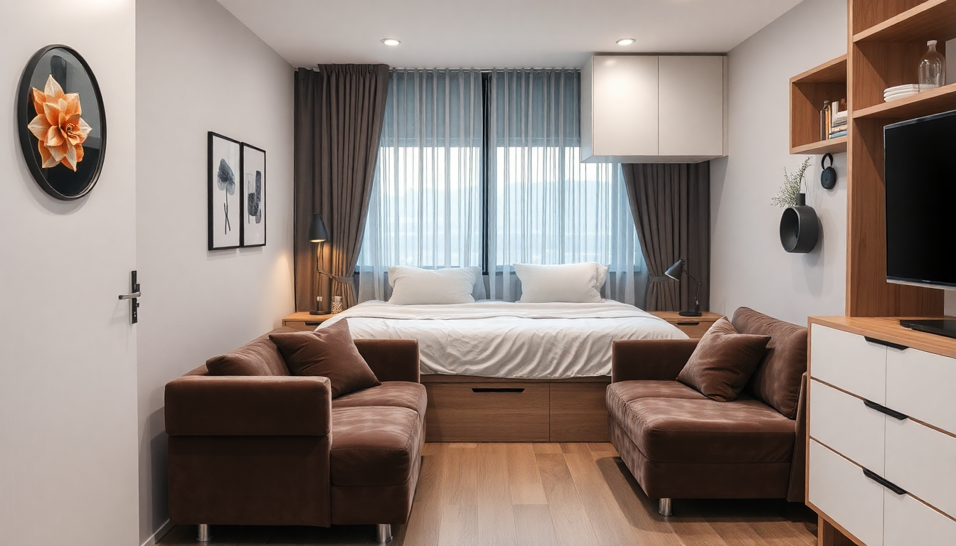 Distribución modular para espacios reducidos: cama con arcón Casafab y sofás convertibles en tejido de pana o bouclé