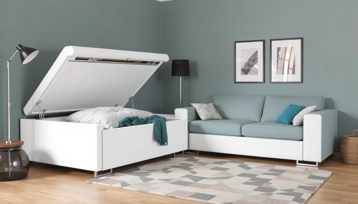 Lit avec coffre et canapé convertible : optimiser l'espace grâce au velours côtelé et au tissu boucle pour un intérieur élégant et fonctionnel.