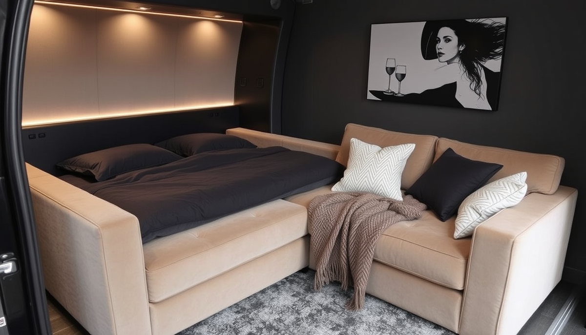 Casafab : Aménagement intelligent avec literie coffre et canapés convertibles en velours côtelé et tissu boucle — espace optimisé et style durable