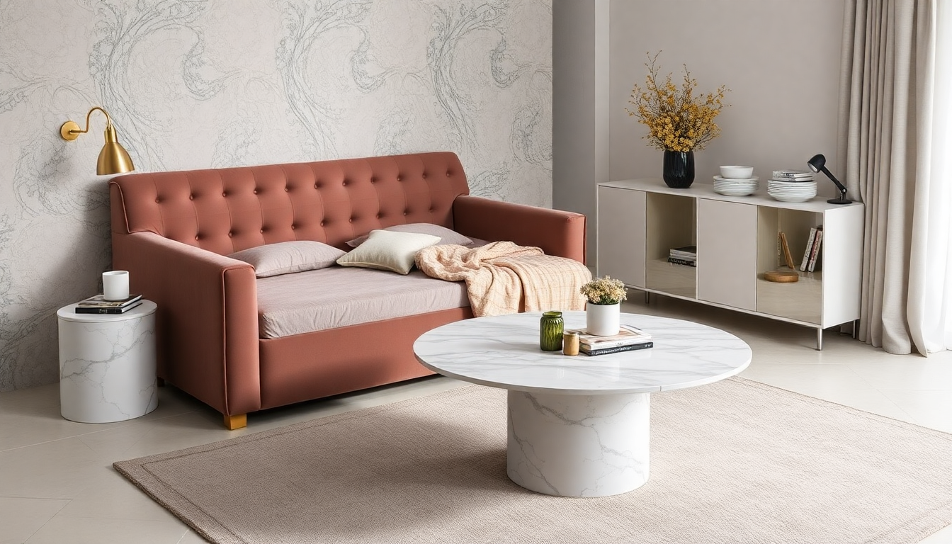 Interiorismo 2025: Incorporación de camas arcón de tela y mesas de comedor redondas de mármol para un estilo elegante y práctico
