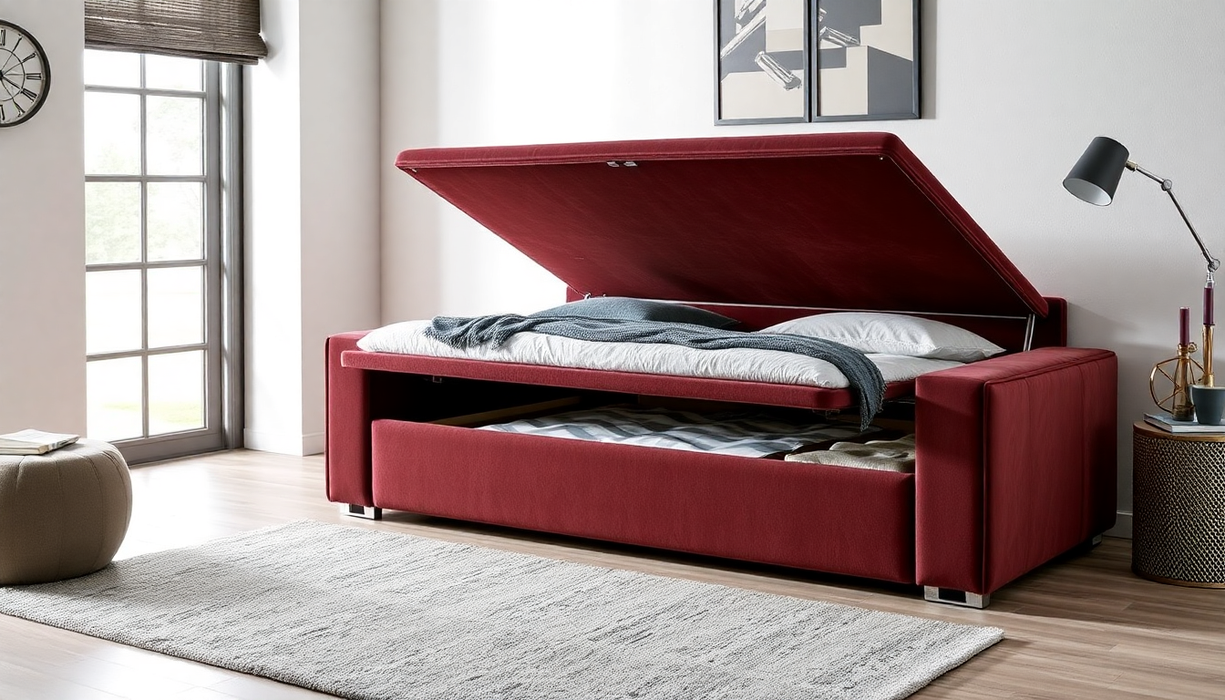 Literie avec coffre et canapé convertible : optimiser l’espace et le style avec velours côtelé et tissu boucle chez Casafab