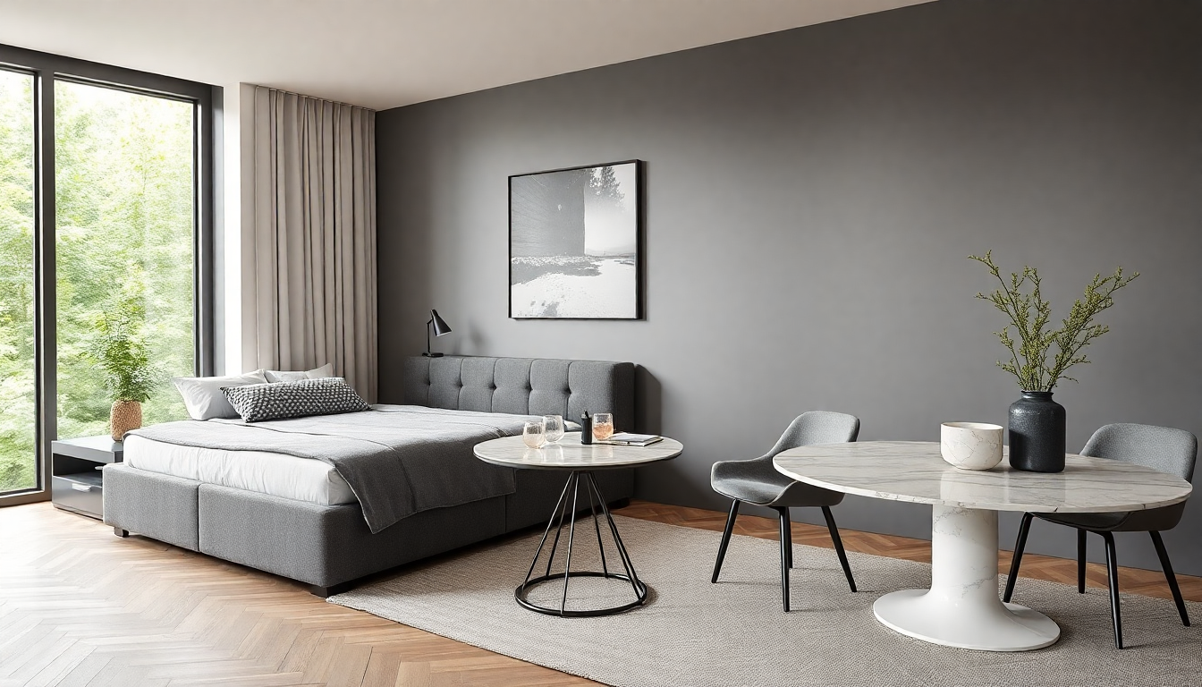 2025: Crea un dormitorio confortable con una cama arcón de tela y una mesa de comedor redonda de mármol para un estilo a la última