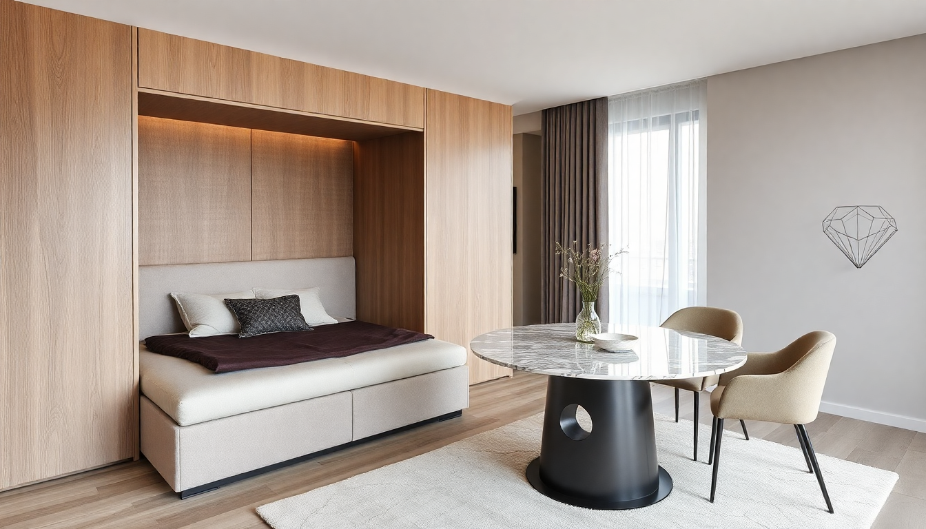 Interiorismo 2025: Combinación de camas de tela y mesas de comedor redondas de mármol para crear un espacio chic y práctico
