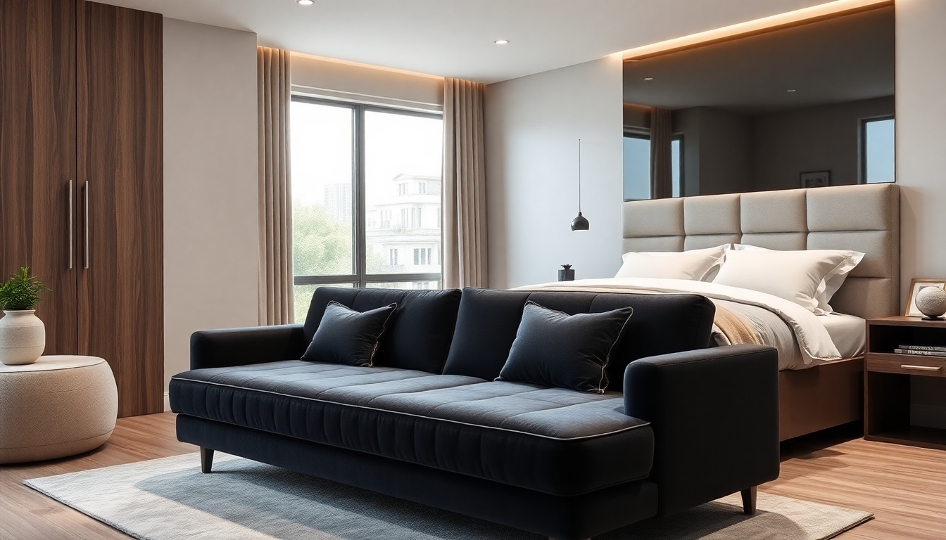 Somieres y sofás convertibles en tejido de bucles de terciopelo: combinar almacenamiento y diseño contemporáneo para optimizar el interior.