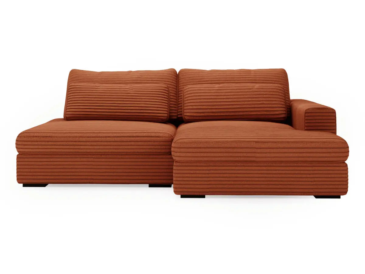 MONTPARNASSE Sofá-cama esquinero de terciopelo-terracotta-derecha con gran chaise longue