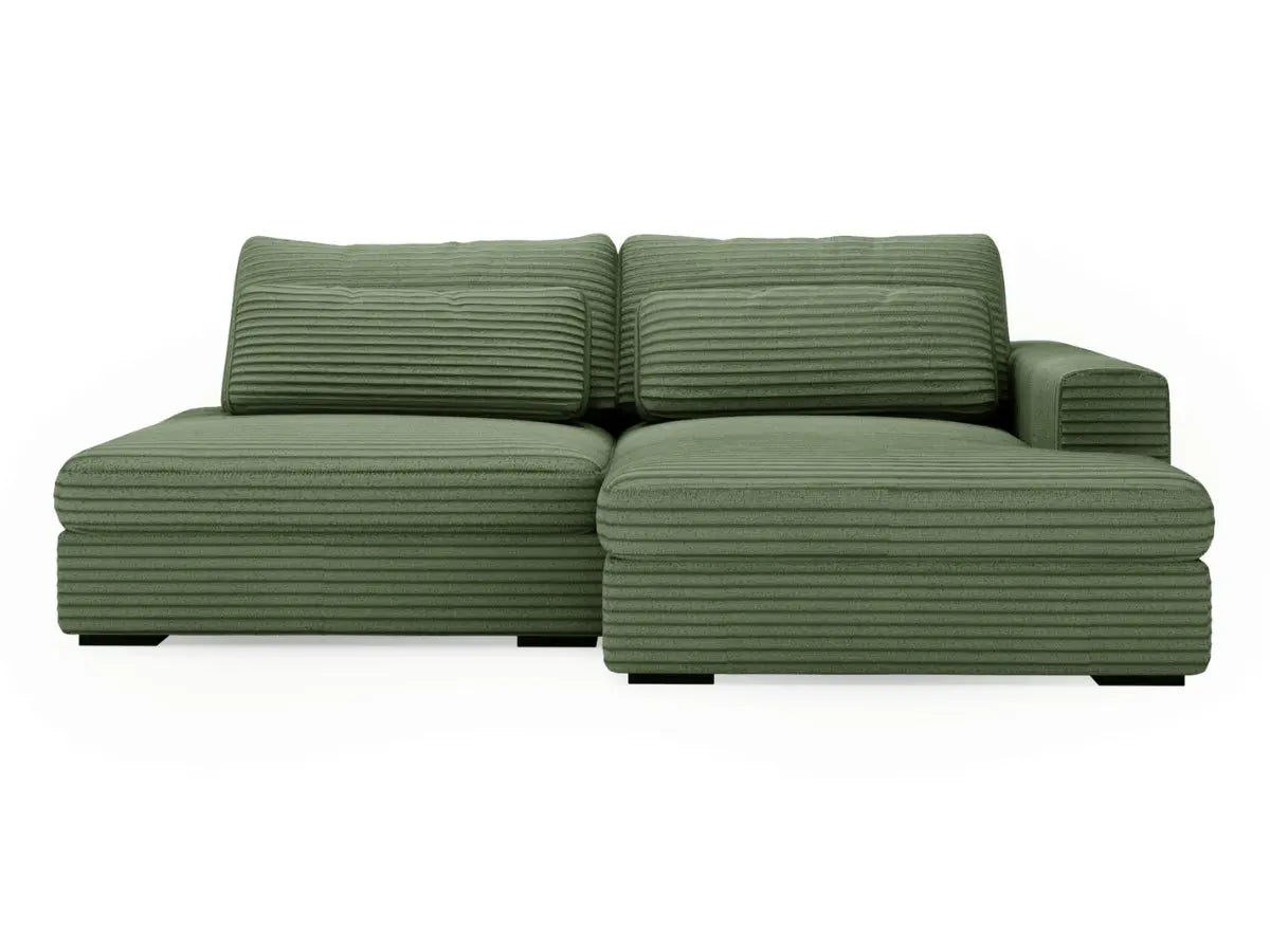 MONTPARNASSE Sofá-cama esquinero de terciopelo acanalado verde con gran chaise longue