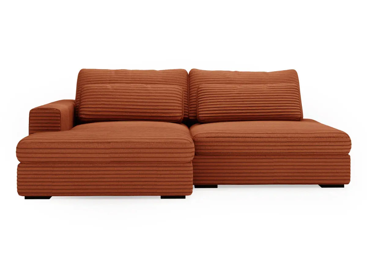 MONTPARNASSE Sofá-cama esquinero revestido de terciopelo-terracotta con gran chaise longue