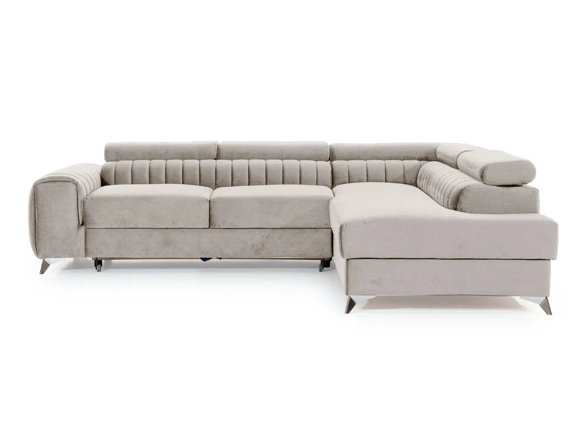 Sofá-cama esquinero de terciopelo beige SEOUL con reposacabezas elevables