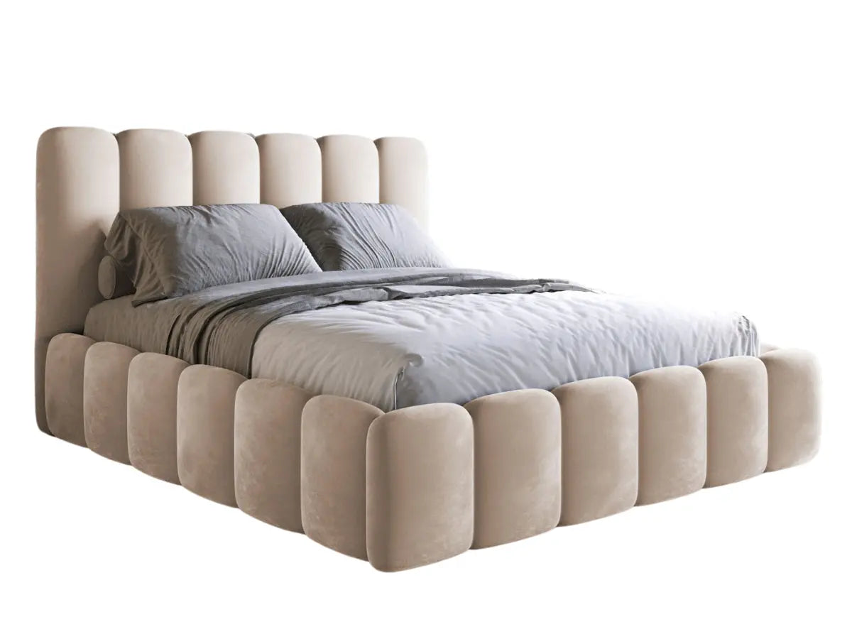 Lit coffre design avec tête de lit matelassée - JADE   Velours-beige-180x200-cm