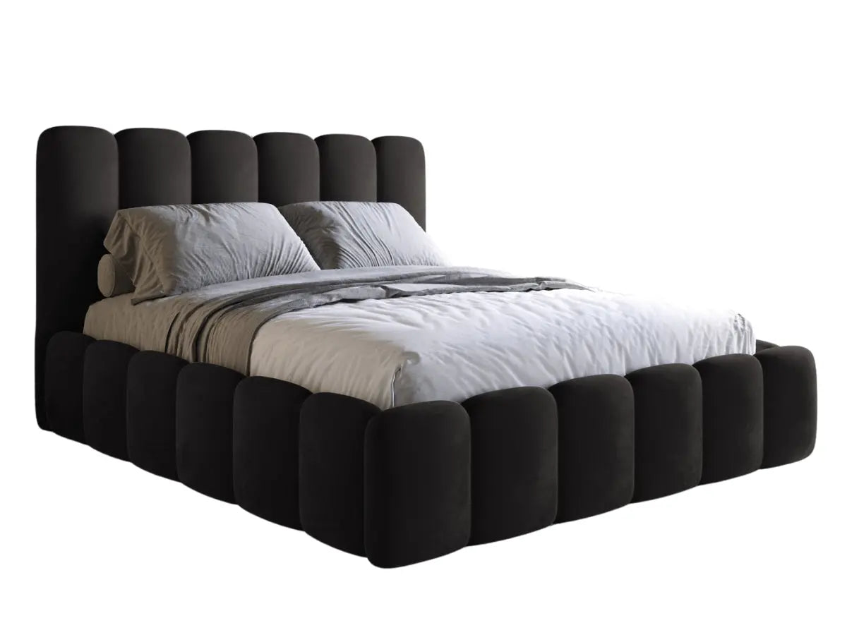 Lit coffre design avec tête de lit matelassée - JADE   Velours-noir-180x200-cm