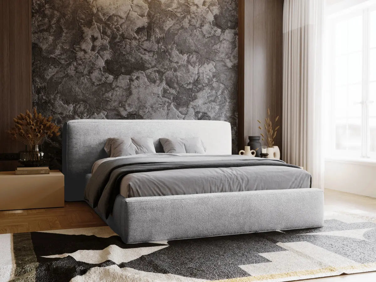 Cama arcón, cabecero grande - OPHELIE Tissu-chenille-gris-claire-180x200-cm