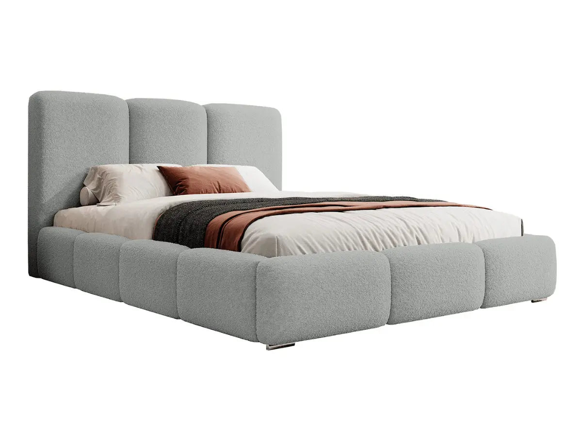 Cama tapizada con box - CARLA Tissu-boucle-gris-180x200-cm